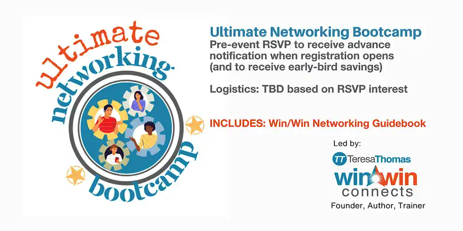 Networking bootcamp poster with logo and event details for Win Win Connects.
